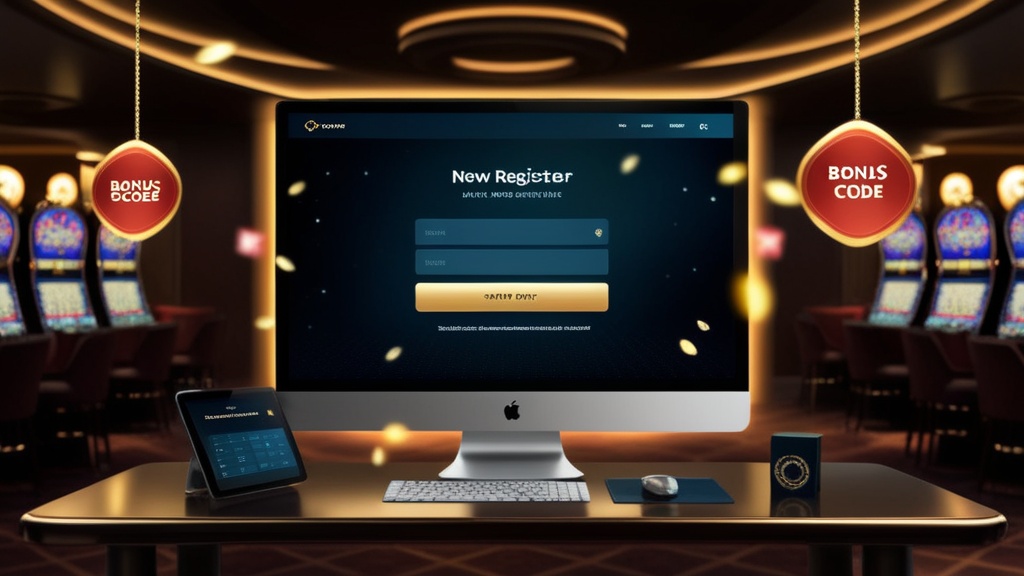 Donkere casinolobby met registratiepagina en veld voor bonuscode