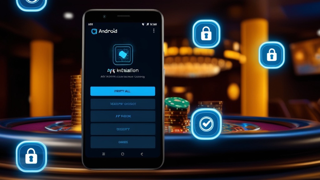 Android-telefoon met veilige APK-installatie in een donkere casino-omgeving